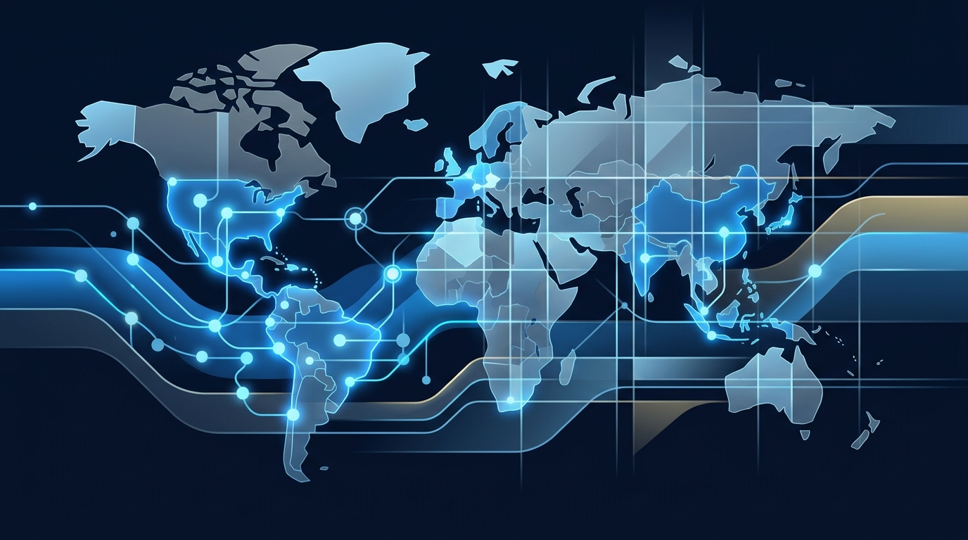 Une grille structurée et semi-transparente superposée à un réseau de nœuds lumineux interconnectés, symbolisant la régulation des crypto-actifs en Europe.