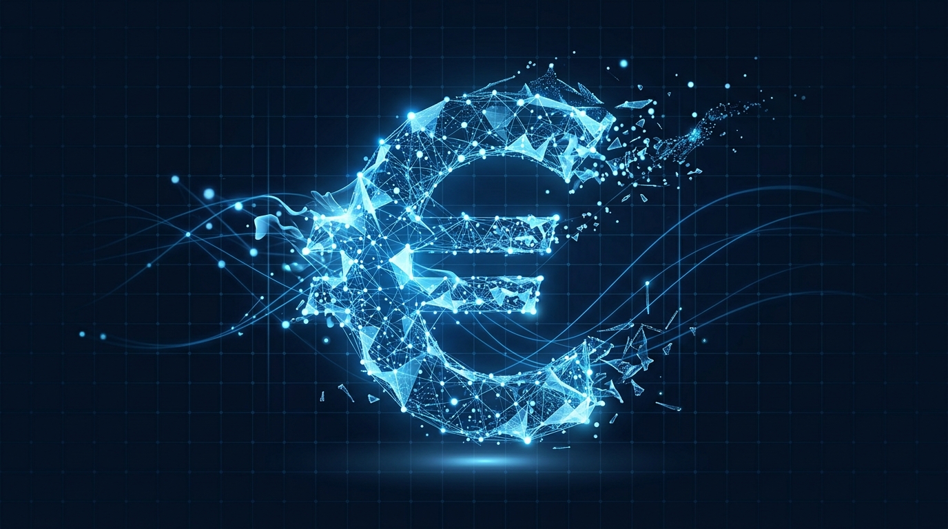 Une représentation conceptuelle de l'euro numérique, où le symbole de l'euro est formé par des circuits de données lumineux sur un fond technologique sobre.